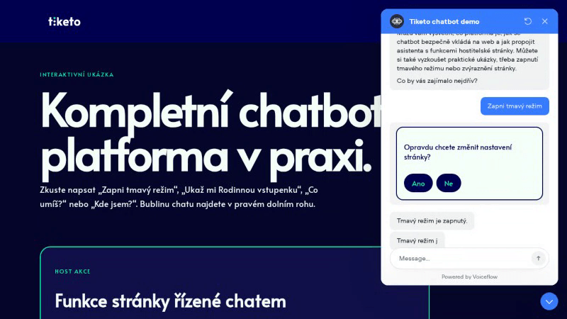 Tiketo chatbot demo in Czech showing a confirmation before enabling dark mode.