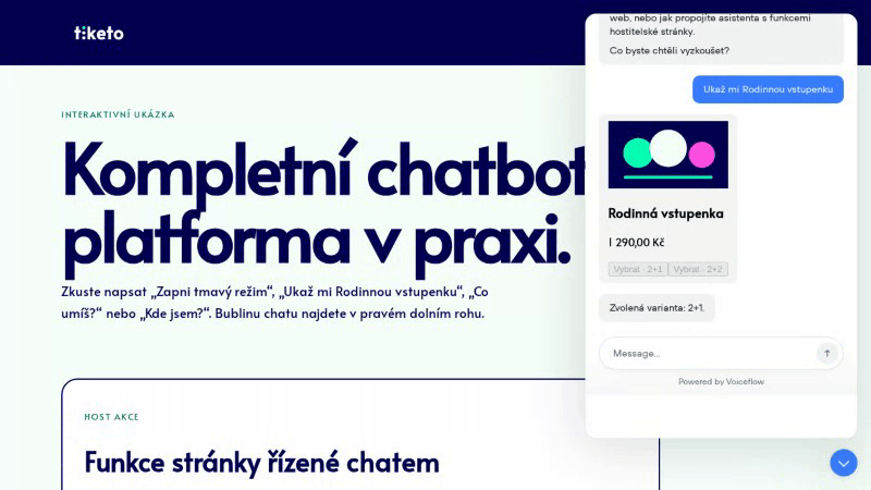 Tiketo chatbot demo in Czech showing a product preview and ticket choice.